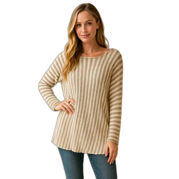 Georgina Estefania LINEN/COTTON LOOSE WEAVE STRIPE asymmetrical ARM top M - Picture 1 of 16